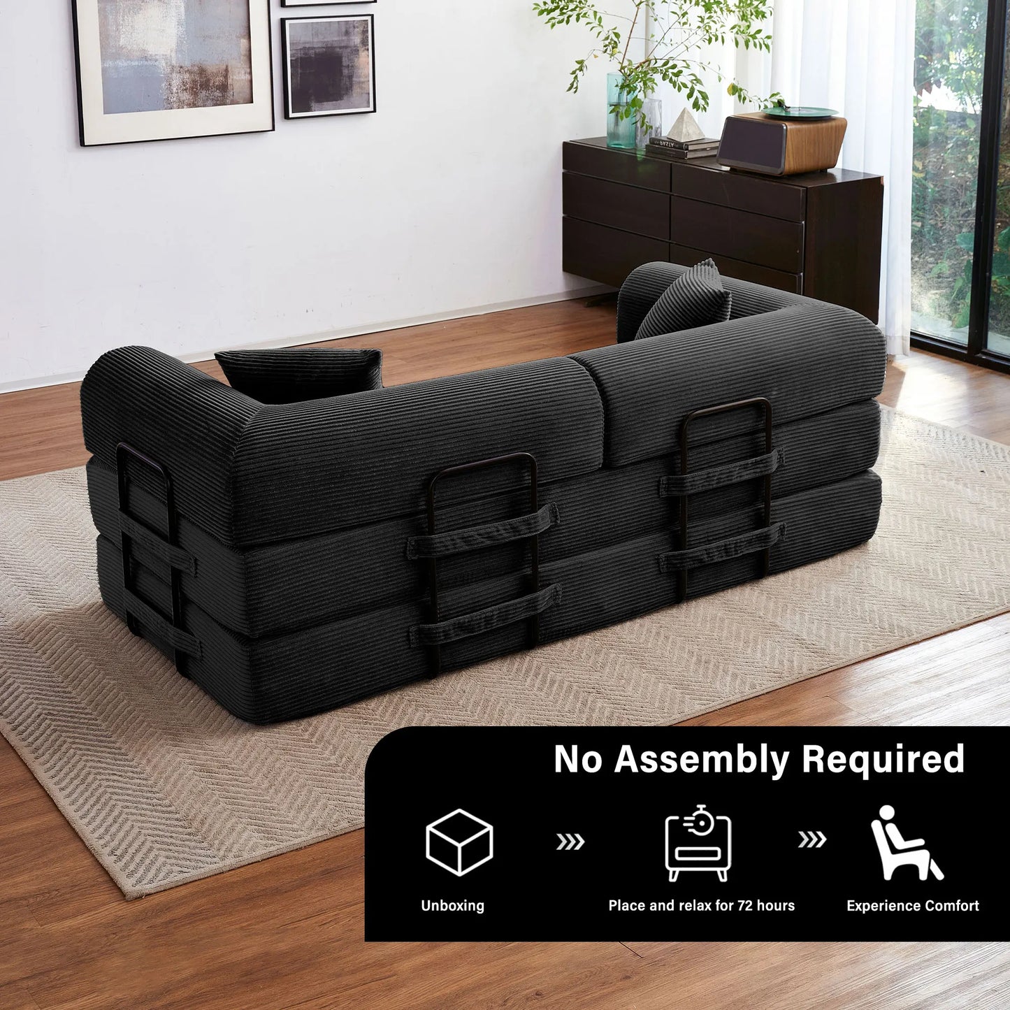 79'' Boneless Couch Foldable Convertible Futon Sleeper Sofa Bed,  Floor Lounge with L-Shaped Armrests for Living Room Sofas