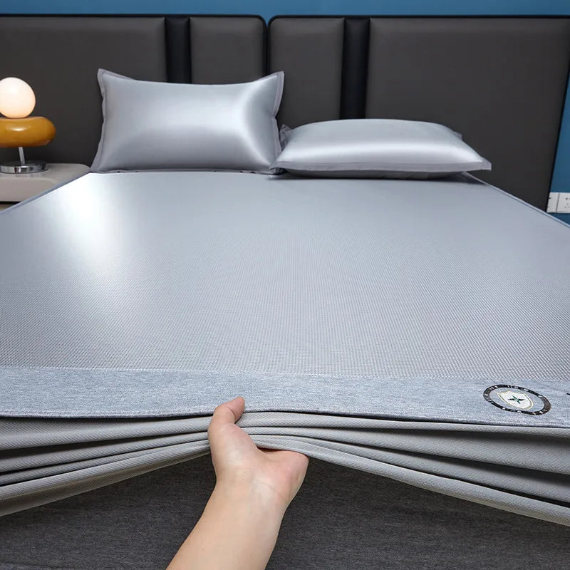 Fitted Cooling Summer Mat 3pcs Set Fitted Sheets, Cool Mattress Cover + 2 Pillowcases Soft Breathable Washable for AC Room