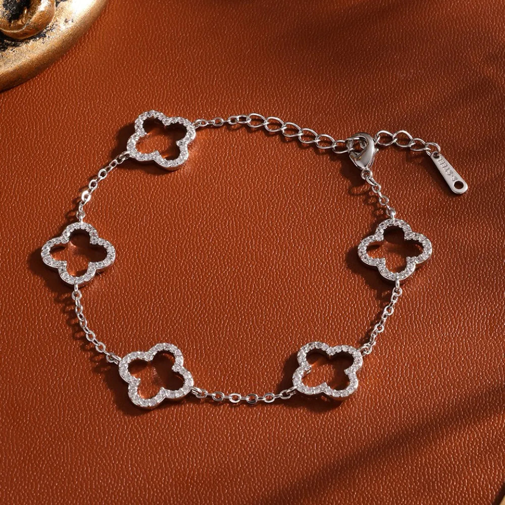 Elegant Stainless Steel Bracelet With Zircon,  Four-Leaf Clover Design, Hollow Detail, Fashion Accessory For Small Wrist.  HAPPY MOTHERS DAY!!!