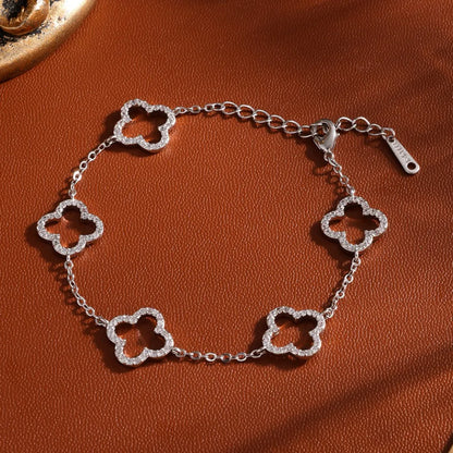 Elegant Stainless Steel Bracelet With Zircon,  Four-Leaf Clover Design, Hollow Detail, Fashion Accessory For Small Wrist.  HAPPY MOTHERS DAY!!!