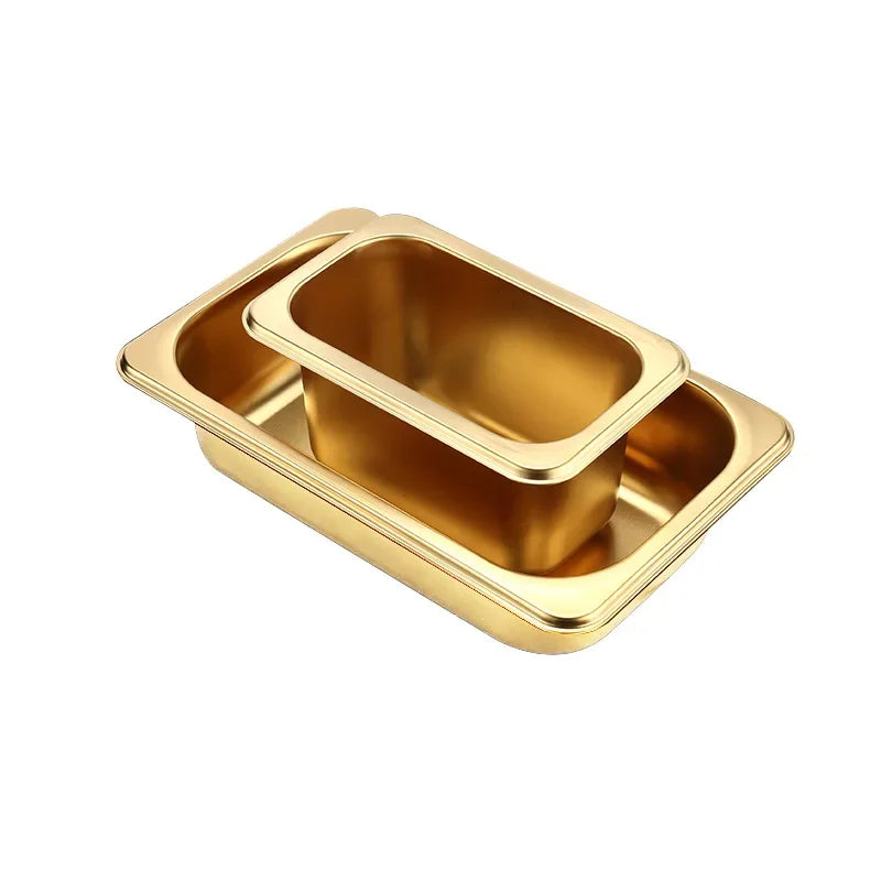 Golden Food Buffet Basin Plates, 304 Stainless Steel Square Pots, Tray Dishes,  Sauce Box, Jam Boxes, Canteen, Fast Food Truck Dish