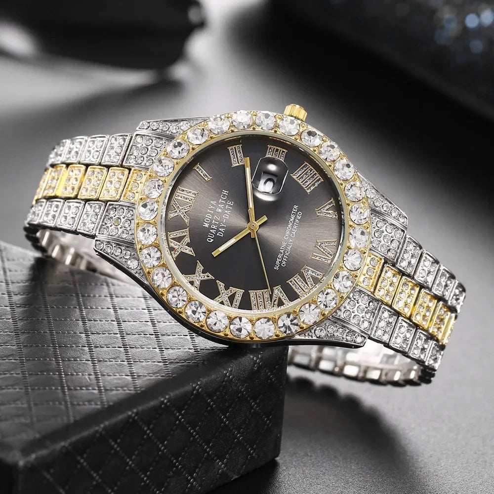 Hot Sale Diamond Bling Watch  for Men,  Gold Color,  Luxury Gift,  Quartz Watches, Mems Clock,  Dropshipping,   Rhinestone Calendar Wristwatch.  RED Face and   " 1 Gold Face "  are gone.  This is going fast.  Don't wait!!!