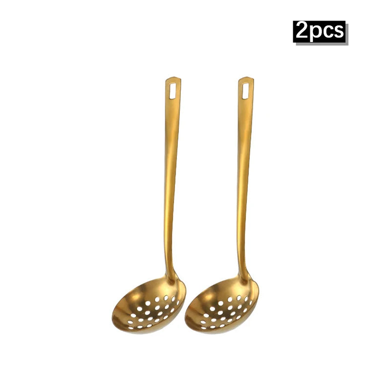 2/6pcs Stainless steel kitchenware set,  creative  golden soup spoon, colander,  hot pot spoon, cooking  and frying assists.