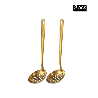 2/6pcs Stainless steel kitchenware set,  creative  golden soup spoon, colander,  hot pot spoon, cooking  and frying assists.