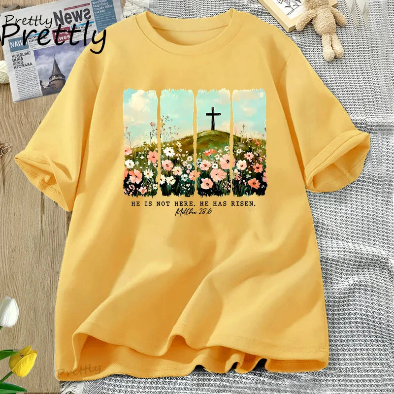 He Is Risen. Wildflower Print Tshirt  for Spring, Easter Designs. T-shirt Women Trendy Easter Christian