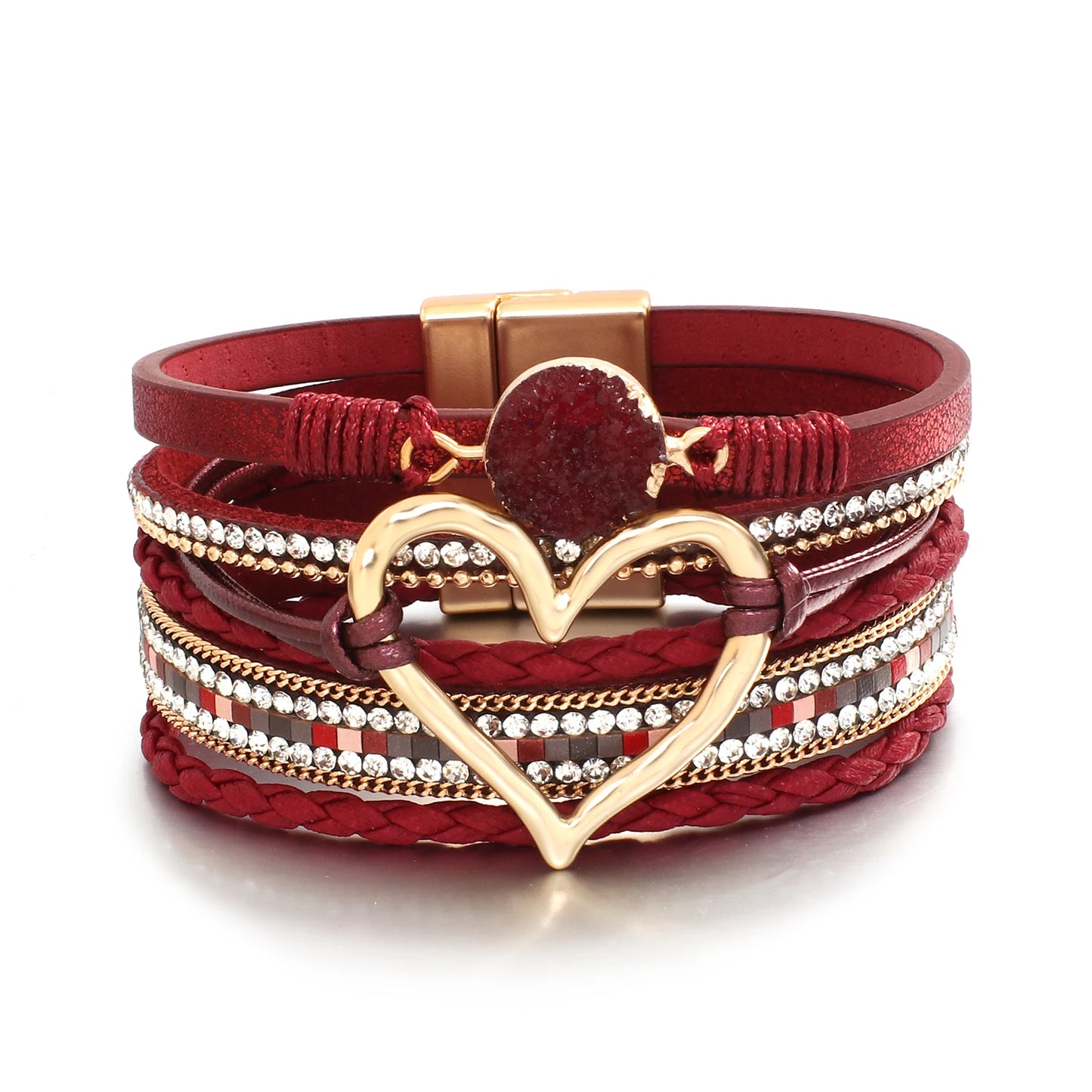 Metal Love Heart Charm,  Leather Bracelets for Women, Fashion Rhinestone Braided Wrap Bracelet , Bangle Female Jewelry Gifts