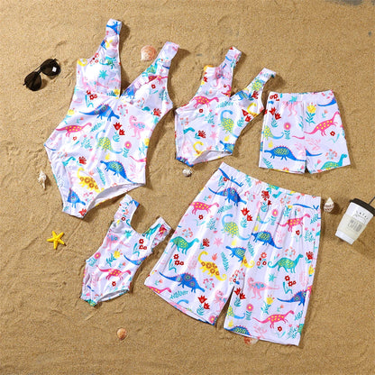 Dinosaurs Swimwear,  Matching  Family Swimwear with V-Neck Mother /Daughter Swimsuits Mommy and Me Dresses Clothes Father /Son Swim Shorts