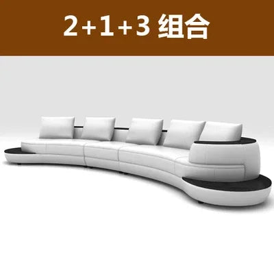 Luxury Modern Curved Genuine Leather Sofa Sectional Couch.   White and Black Design Living Room,  Contemporary Home Decoration