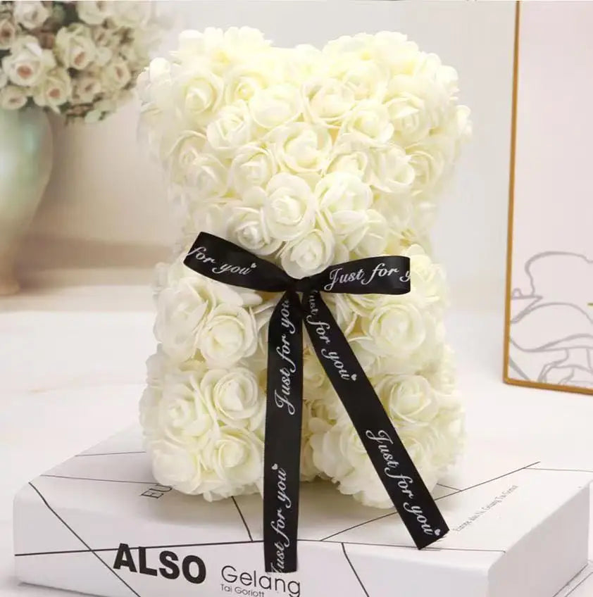 25cm Artificial Teddy Rose Flower Bear with Box.   Romantic Valentines Day Gift for Girlfriend,  Teen , Women Anniversary or Wedding Party