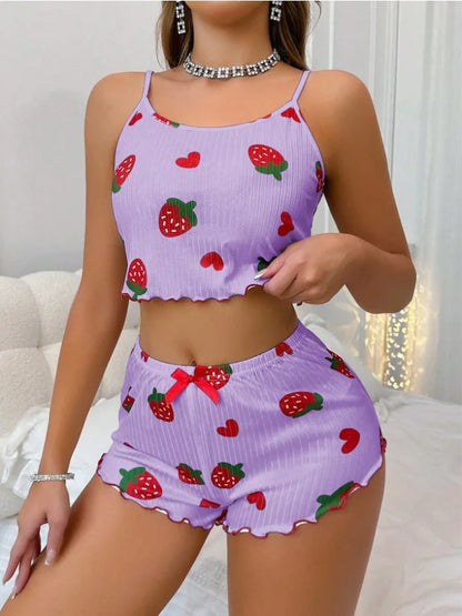 Summer Strawberry Print,  2 Piece Pajama Set.   Women's Casual Sleepwear Suspender Crop Tops and Shorts Comfortable Home Wear.Perfect Gift for MOTHERS DAY