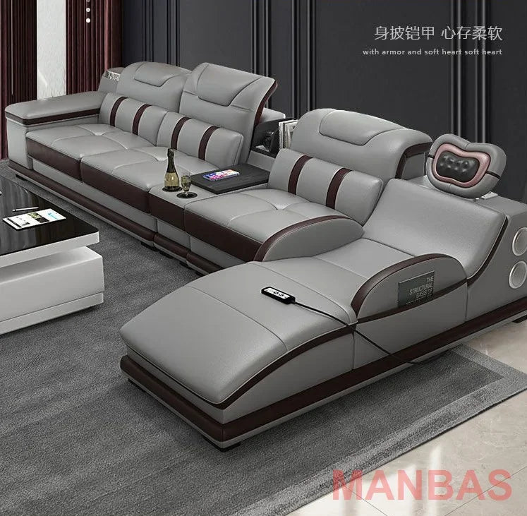 Linlamlim Italian Genuine Leather Sectional Sofa with Bluetooth, Speaker, Functional Headrest, Massage Chaise | Big Corner Couch