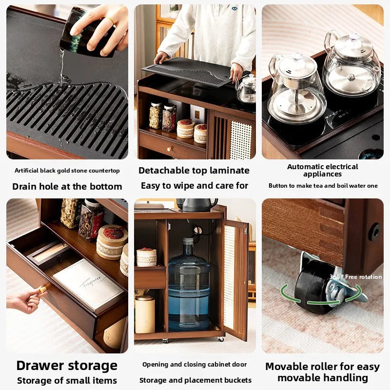 Small, Mobile tea table, Kettle integrated tea cabinet with Solid wood coffee table.  Tea cart Brewing tea table
