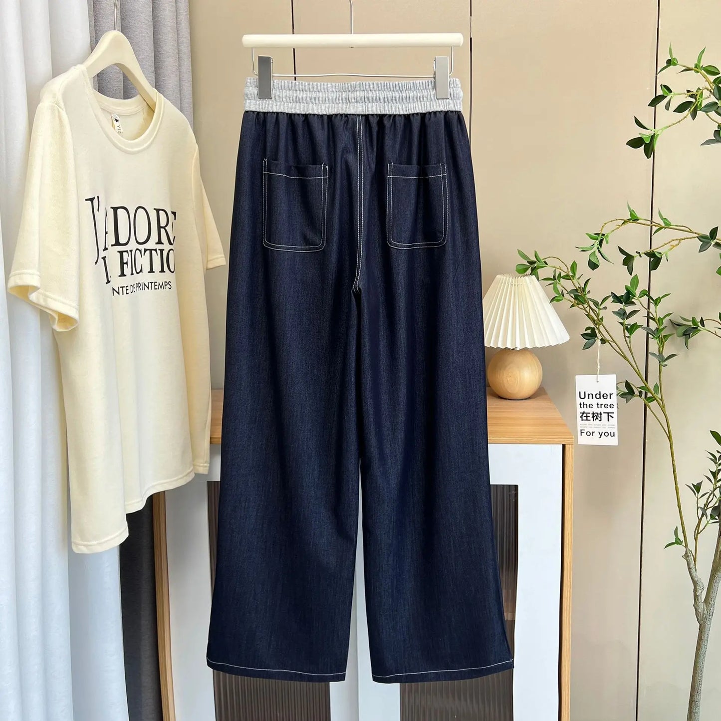 Spring Summer Wide Leg Jeans.  100kg  Temperament Color,  Waist Thin,  Lyocell Plus Size Women, Bright Line,  Straight Trousers