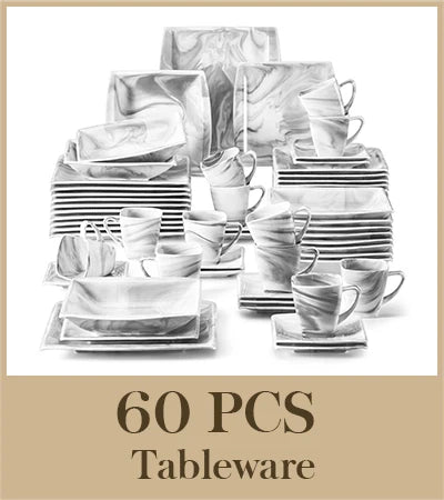 30/60PCS Marble Grey Porcelain Tableware.  Dinnerware Set with 6PCS,  Dessert/Soup/Dinner Plate/Cup/Saucer,Service for 12