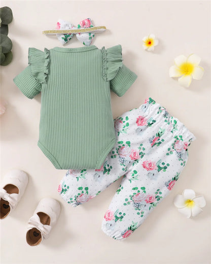 Newborn Baby Girl 3PCS Clotheing  Set with  Lettering.   Short Sleeved Romper+Flowers Pant+Bowknot,  Headband for weather.  Summer  Outfit