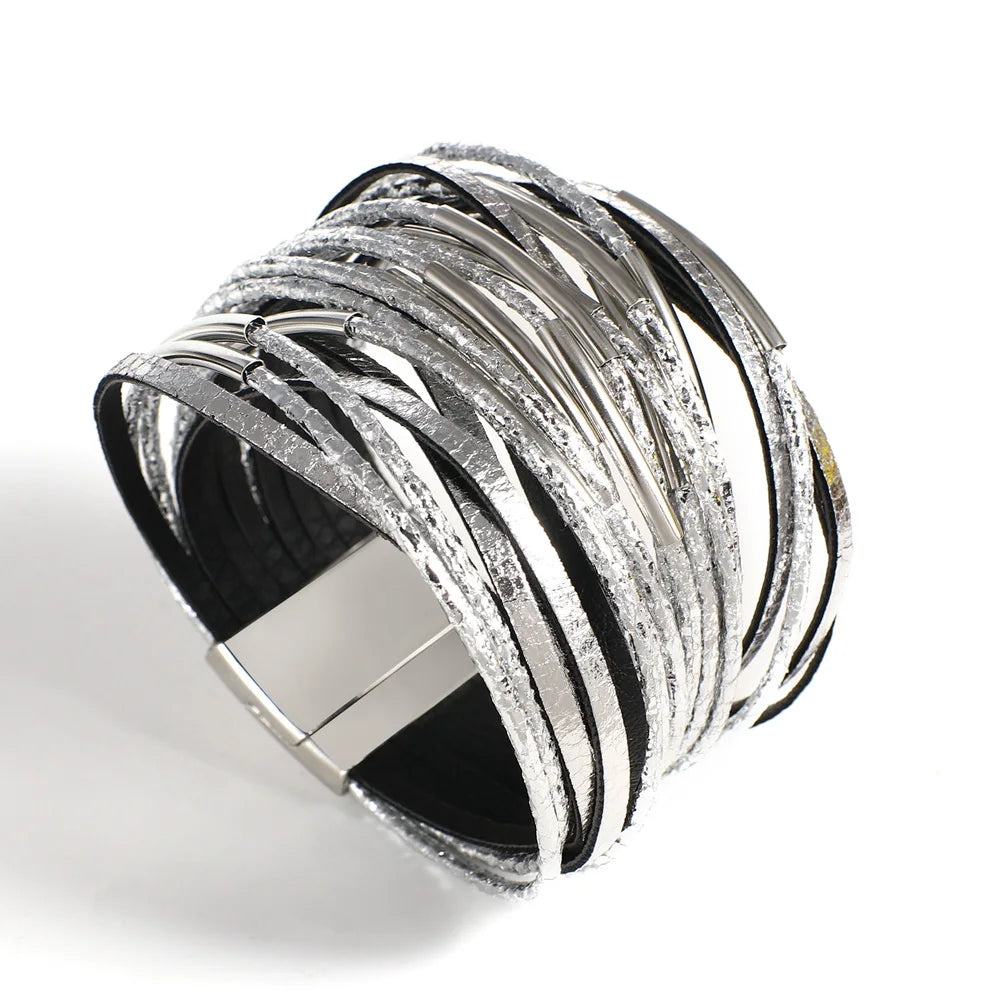 Trendy Metal Tube Leather Bracelet for Women /Men.  Chunky Glitter Filled Slim Multilayer Wrap Wide Bracelets. Nice JewelryGift
