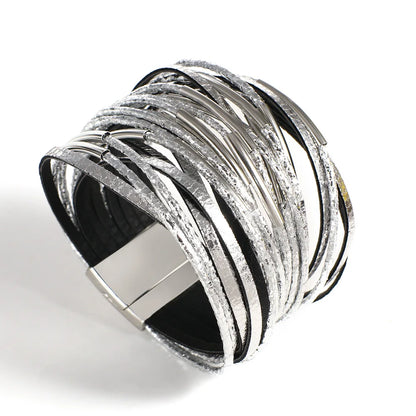 Trendy Metal Tube Leather Bracelet for Women /Men.  Chunky Glitter Filled Slim Multilayer Wrap Wide Bracelets. Nice JewelryGift
