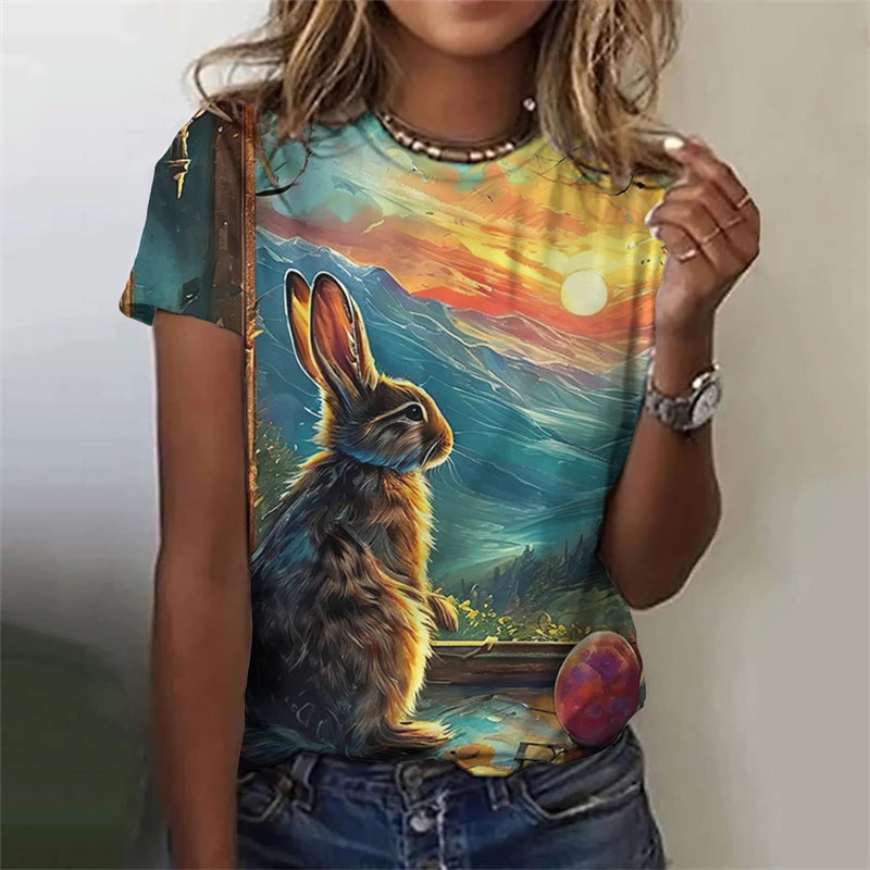 Cute Fun Rabbit Printed T Shirt, Unisex,  Short Sleeve O Neck, Fashion  for Easterwear.  T Shirts  for Summer Casual Outdoor, Soft Tops