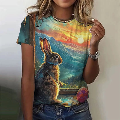 Cute Fun Rabbit Printed T Shirt, Unisex,  Short Sleeve O Neck, Fashion  for Easterwear.  T Shirts  for Summer Casual Outdoor, Soft Tops
