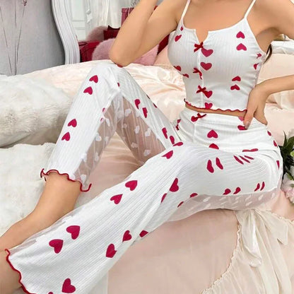 2-Piece Women's Sexy Transparent Mesh Lace Set with Ribbed Printed Strap Top and Pants Home Clothes Pajama Set