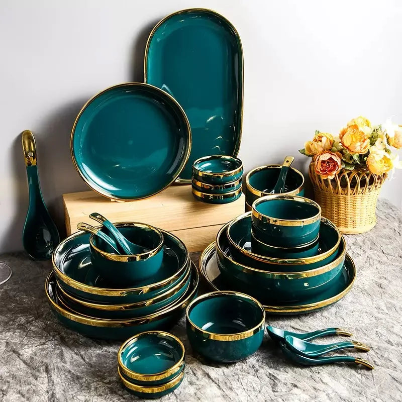 Luxury Forest Green Ceramic Dinnerware Set,  Including  Shallow Plates,  Rice,  Soup Bowls,  Fish,  Dish And Spoon