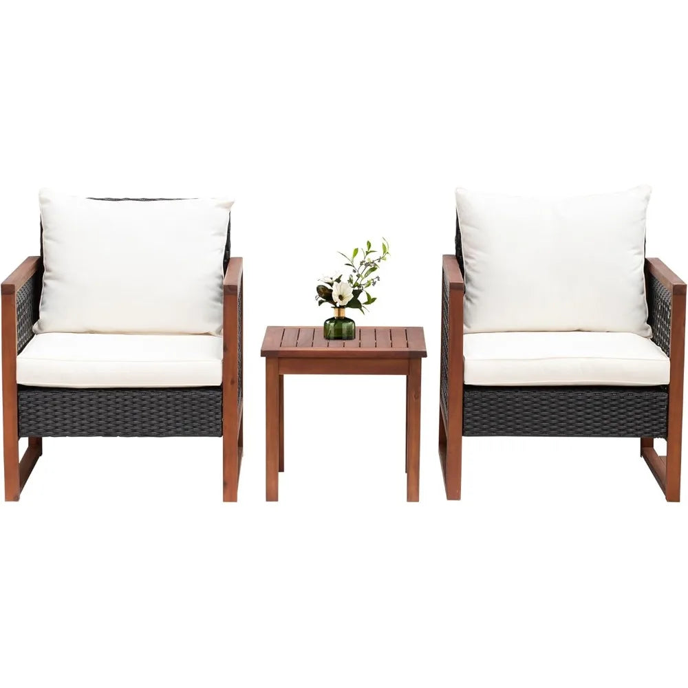 Outdoor Patio Furniture Set, Modern Rattan Bistro Conversation Set with Acacia Wood Frame, Coffee Table, Water-Resistant Cushions