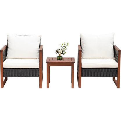 Outdoor Patio Furniture Set, Modern Rattan Bistro Conversation Set with Acacia Wood Frame, Coffee Table, Water-Resistant Cushions