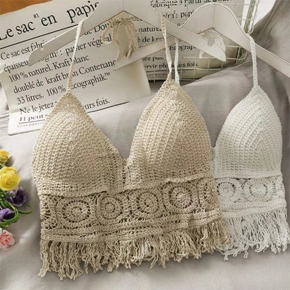 Women's Boho Fringe Backless Halter  with Tie Neck. Underwear /Outerwear with Neck Hanging Embroidery Tassel Suspender Short Tank WHITE is all gone.  Good stock  numbers on BEIGE Color.