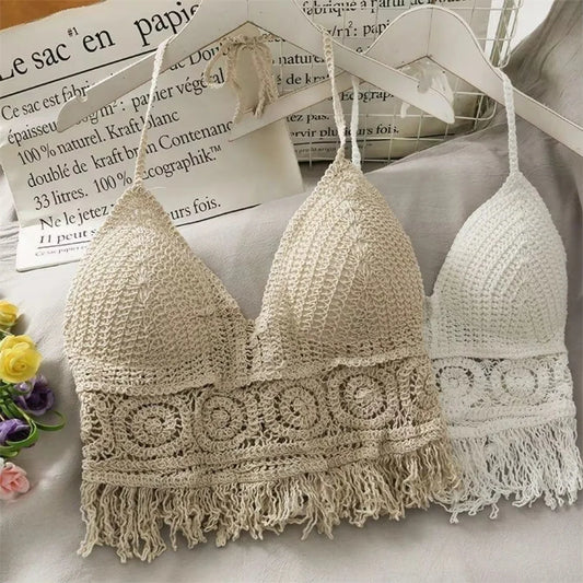 Women's Boho Fringe Backless Halter  with Tie Neck. Underwear /Outerwear with Neck Hanging Embroidery Tassel Suspender Short Tank WHITE is all gone.  Good stock  numbers on BEIGE Color.
