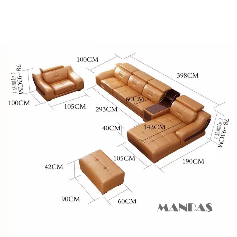 Premium Italian Genuine Leather Sofa Set.  Big Sectional Couch for Living Room,  With Adjustable Headrest