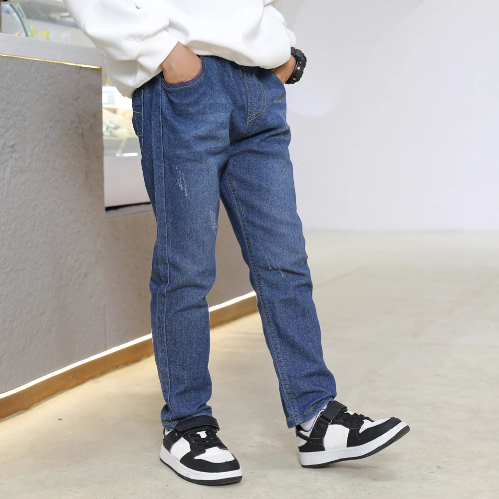 Kids Slim Jeans.  Teen Boys Casual Trousers,  Child Elastic Waist Pants,  4-11 Years of age. Solid Color Straight Denim Pants