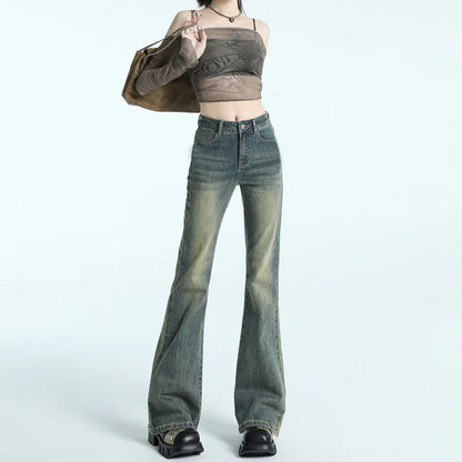 High Waist Slimming Denim Pants,   Retro American Style  FOR  Autumn New Fashionable Women's Pants,  Micro Flared Long Pants  OF STRETCHABLE Polyester
