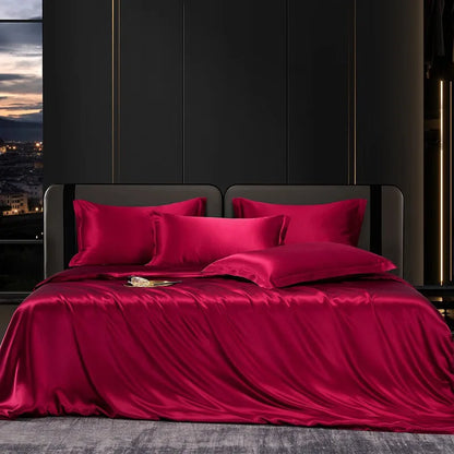 Solid 4pcs Silk Bedding Set with Duvet Cover,  Fitted/Flat Bed Sheet,  Pillowcase,  Bedspread and Coverlet,  Single / Double Bedsheet