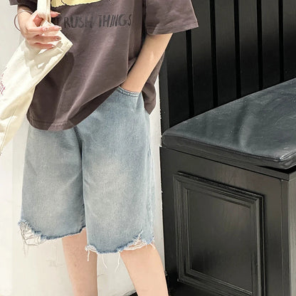 Girls' Denim Shorts for Kids .  Lightweight,  Five-Inch,  Loose-Fit,  Summer Pants for Big Kids.  Stylish Children's Shorts