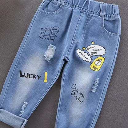 Children Jeans,   Boys Cotton Print Splice Stretch Denim Pants,  Teenage Trousers Wear,  Kids Clothing, Denim, Ripped,  Spring /Autumn