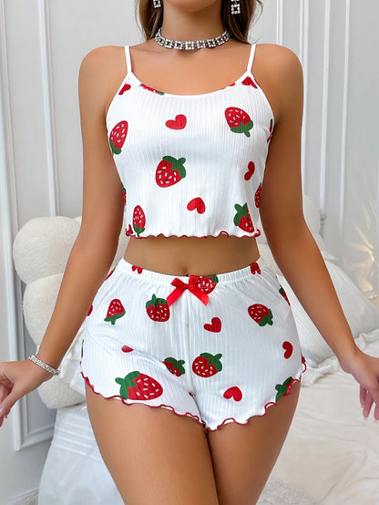 Summer Strawberry Print,  2 Piece Pajama Set.   Women's Casual Sleepwear Suspender Crop Tops and Shorts Comfortable Home Wear.Perfect Gift for MOTHERS DAY