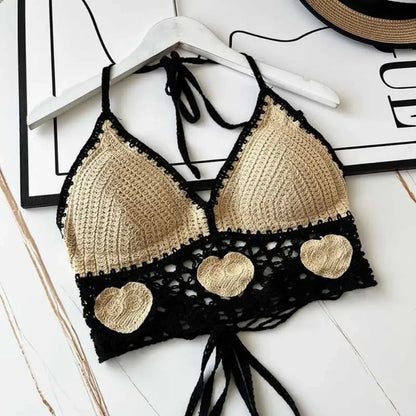 National Style Women Swimwear Top with Chest Pads Bohemian Beach Wear Outfit Crochet Hanging Neck Summer Sling Beach Vacation