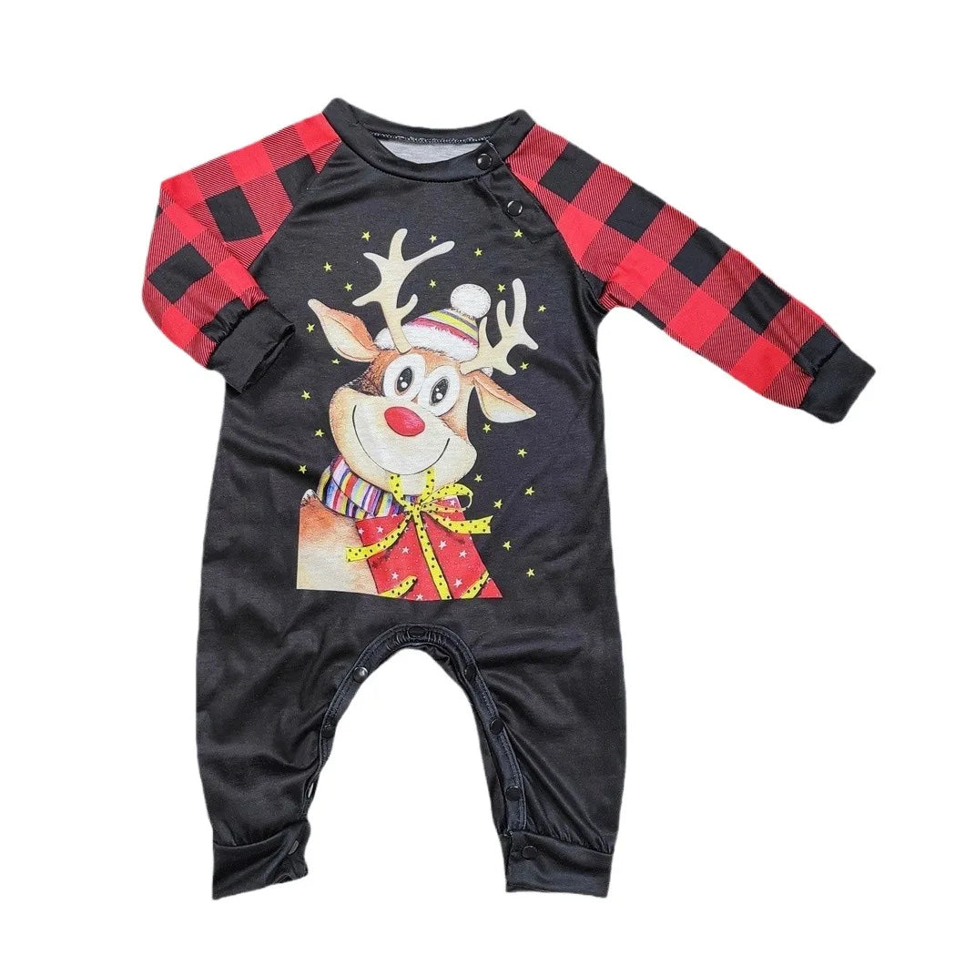 New checkered Christmas parent-child set  of pajamas with cartoon print of  a little deer