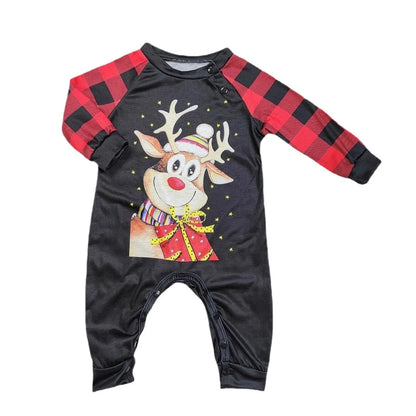 New checkered Christmas parent-child set  of pajamas with cartoon print of  a little deer