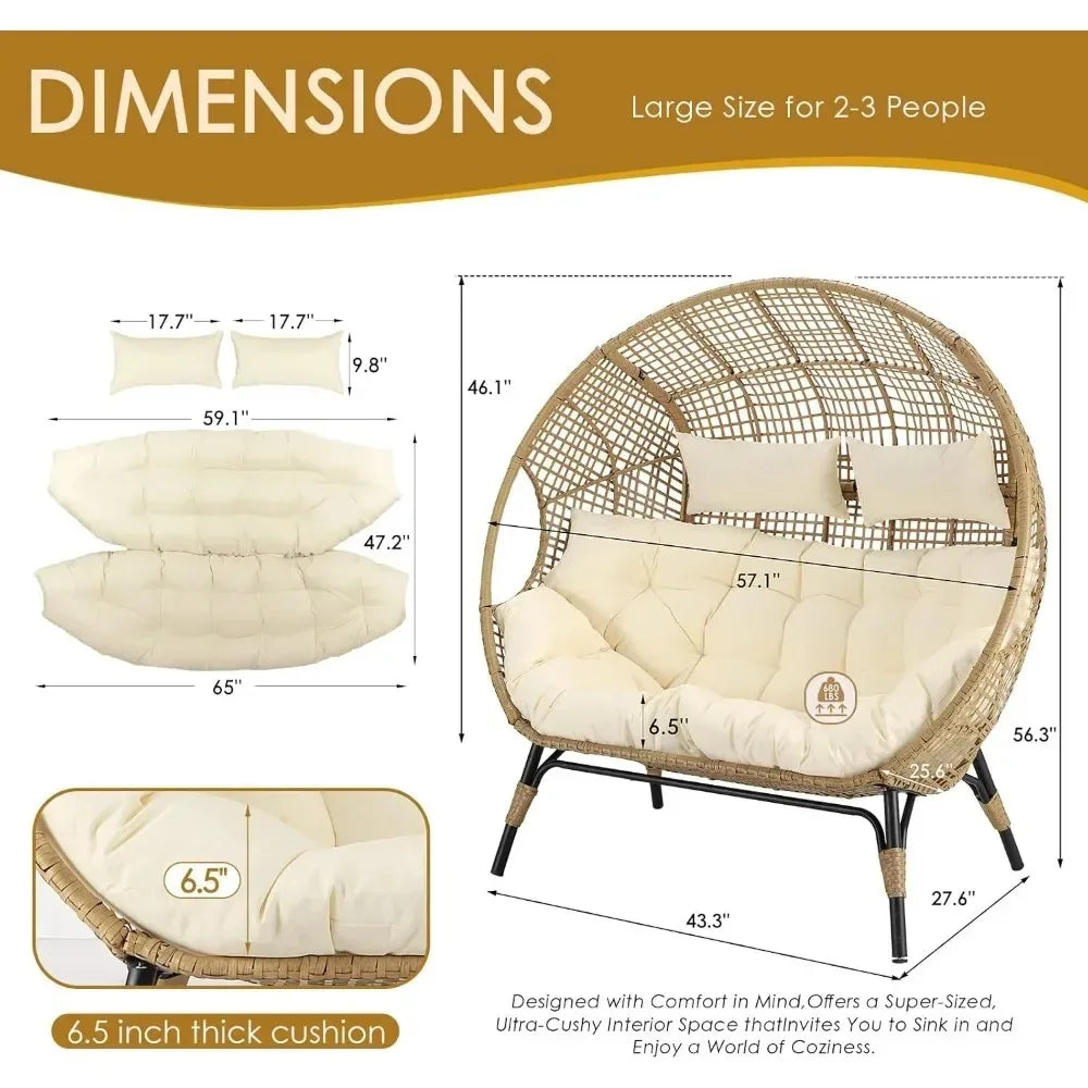 Lounge Chair/Double Egg Chair,  Indoor /Outdoor Stationary, Thickened, Padded Cushions,680 lbs，for Patio Balcony Porch Backyard Beige