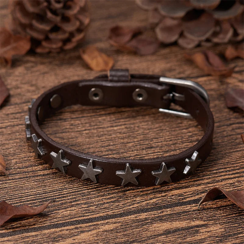 Classic Simple Fashion Leather Bracelets for  Men  and  Women.  Buckle Star Leather Wrap Bracelet & Bangle,  Couple Wristband Jewelry Gift