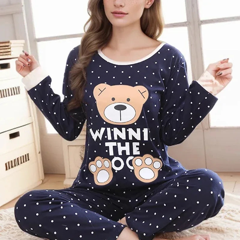 Ladies Pajamas Long Sleeved Cartoon Bear Student Casual Wear Set Easy to Wash Pullover Top and Pants Two-Piece Set Sleepwear