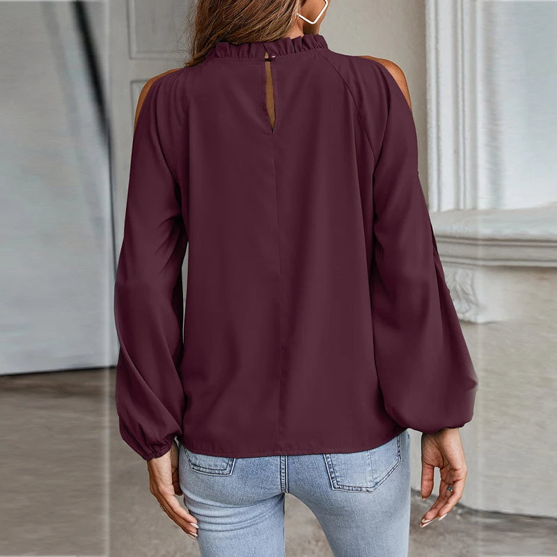 Autumn and Winter New Women's Clean Color Lotus Leaf Round Neck Long Sleeve Pleated Off Shoulder Fashion Women's Top.  3 colors all available.  BURGUNDY,  DARK GREEN, BLACK,  waiting for everyone to transition into the fall.