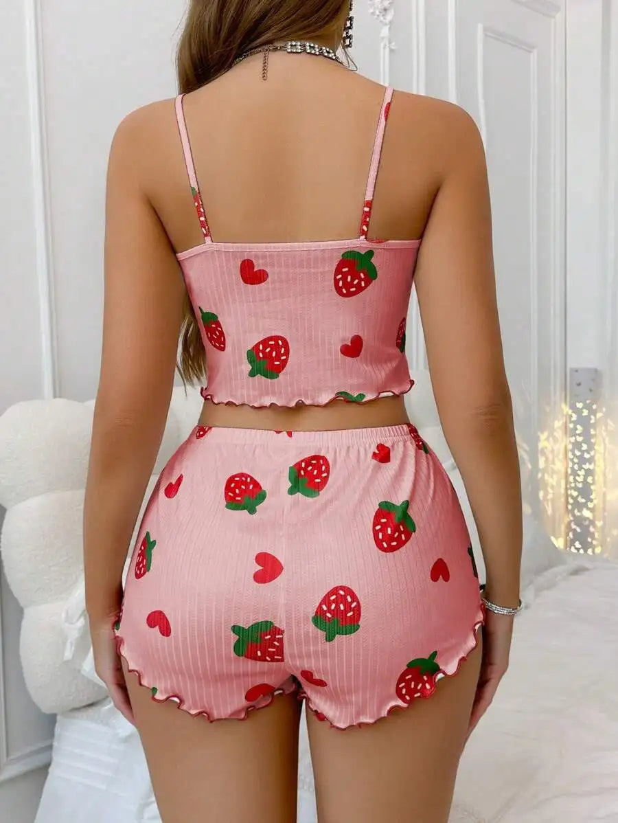 Summer Strawberry Print,  2 Piece Pajama Set.   Women's Casual Sleepwear Suspender Crop Tops and Shorts Comfortable Home Wear.Perfect Gift for MOTHERS DAY