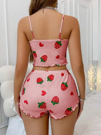 Summer Strawberry Print,  2 Piece Pajama Set.   Women's Casual Sleepwear Suspender Crop Tops and Shorts Comfortable Home Wear.Perfect Gift for MOTHERS DAY