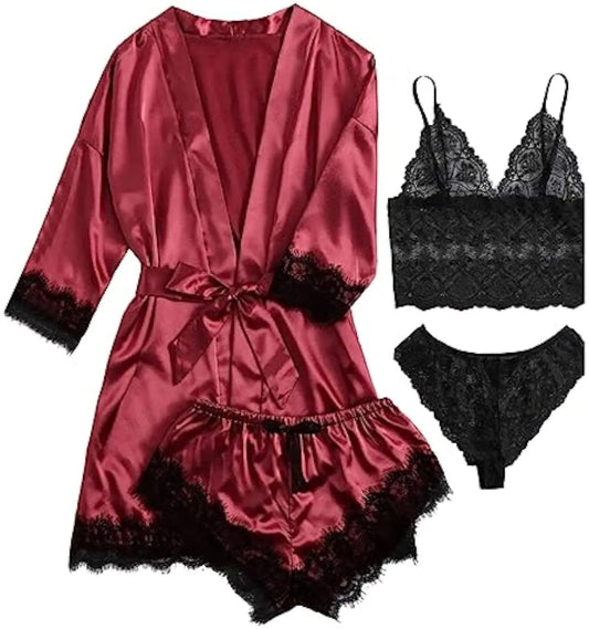 Women's Sexy Satin and Lace Lingerie Set with Robe, Bralette, Shorts & Panty