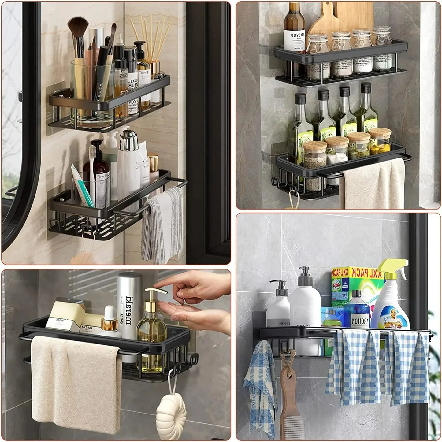 Towel rack wall mounted shower shampoo rack.   no drill rack,  tripod wall mounted corner rectangular bathroom rack.