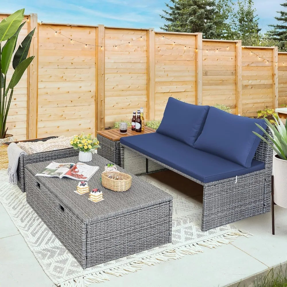 Patio/ Day Bed /Outdoor Daybed Set,  Multifunctional Rattan Lounge with 2 Side Tables for Backyard Porch,  Poolside,  Lawn, Beach