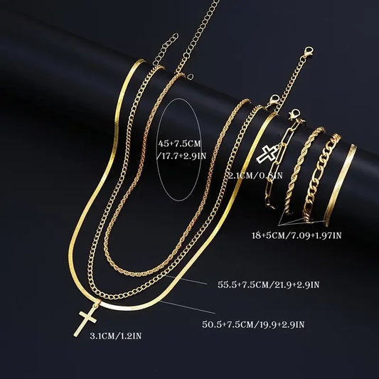 7-Piece Elegant Stainless Steel Minimalist Cross Pendant Jewelry Set for Men and  Women.  Chain Necklaces and   Bracelets .  Jewelry for Everyday Wear