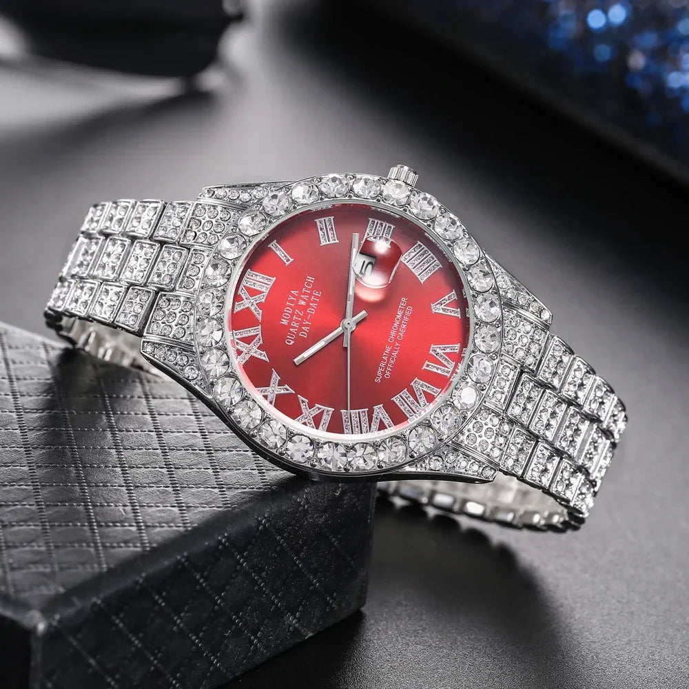 Hot Sale Diamond Bling Watch  for Men,  Gold Color,  Luxury Gift,  Quartz Watches, Mems Clock,  Dropshipping,   Rhinestone Calendar Wristwatch.  RED Face and   " 1 Gold Face "  are gone.  This is going fast.  Don't wait!!!